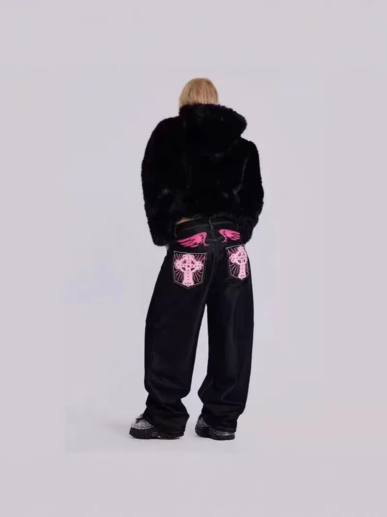 Personality Pocket Splicing Fashionable Design Wing Pattern Baggy Straight-leg Jeans Korean Style New Popular Denim Pants