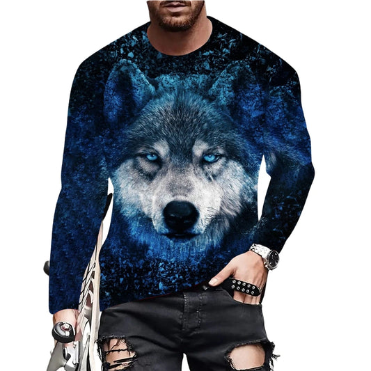T-shirt da uomo vintage con stampa, maniche lunghe, stampa 3D tigre, girocollo ampio, abbigliamento uomo con animali, t-shirt oversize autunnale da uomo