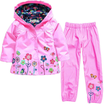 Completo impermeabile primavera/autunno per bambine, giacca antipioggia con motivo floreale + pantaloni, 2 pezzi, taglie 2 3 4 5 6 anni, abbigliamento per bambini