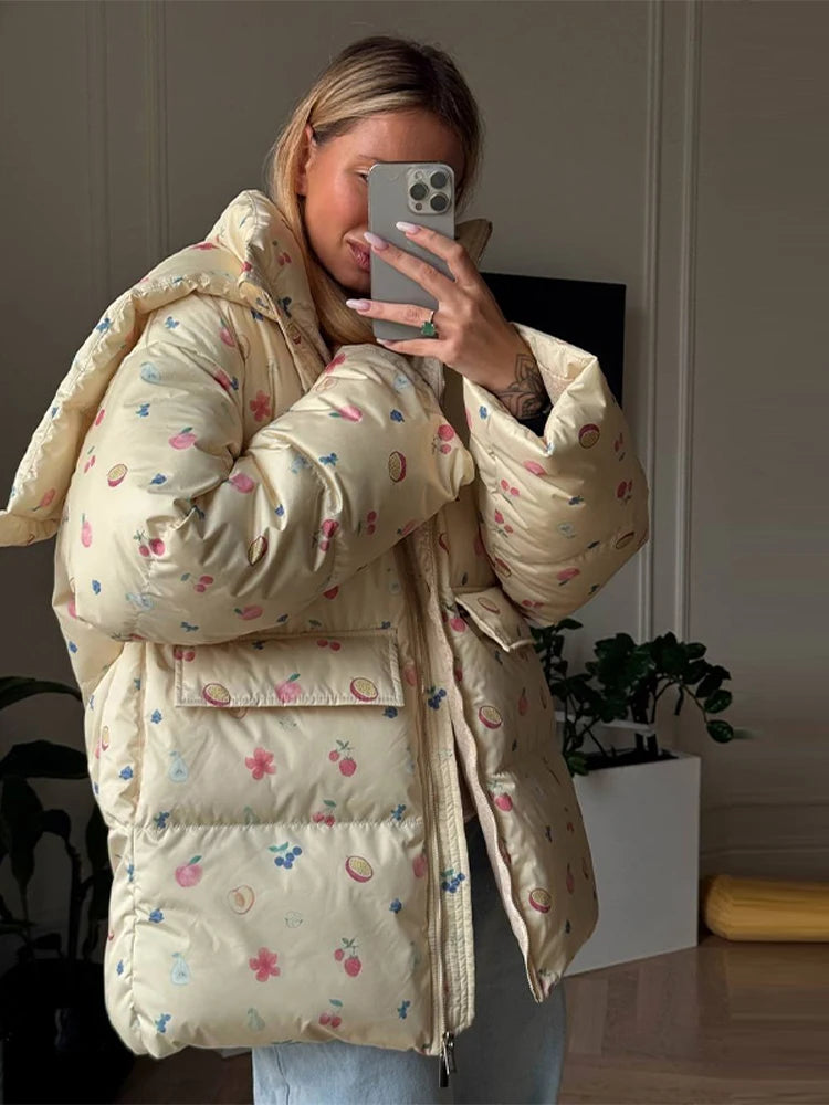 Print Oversized Hoodie Puffer Jacket Women Stand Collar Full Sleeve Sherpa Lined Pocket Zipper Coat 2026 Winter Warm Snowear