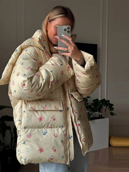 Print Oversized Hoodie Puffer Jacket Women Stand Collar Full Sleeve Sherpa Lined Pocket Zipper Coat 2026 Winter Warm Snowear