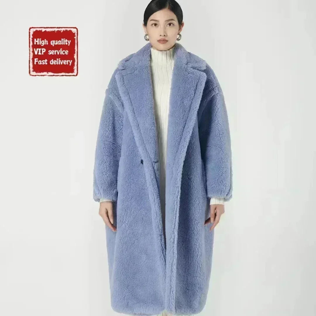 DUTRIEUX Women's Long Teddy Bear Coat, 2025 Winter New Style, Thickened Warm Alpaca Wool and Cashmere Long Genuine Fur Coat