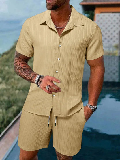 Completo estivo da uomo europeo e americano, casual, ampio, con camicia e pantaloncini, ad asciugatura rapida e traspirante, perfetto per le vacanze.