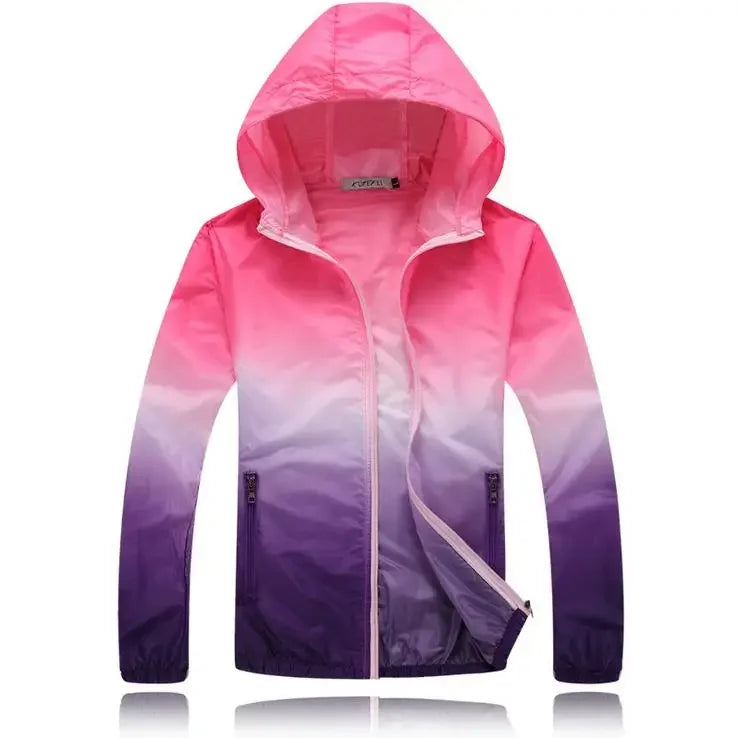 Giacca da campeggio ultra sottile e ultra leggera per uomo, donna, bambini e ragazzi, trasparente, anti-UV, ad asciugatura rapida, giacca a vento con colori sfumati.