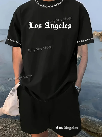 Completo da uomo Los Angeles stampato 2025, set di 2 pezzi, completo casual, abbigliamento sportivo, set fitness, tuta da uomo, abbigliamento oversize