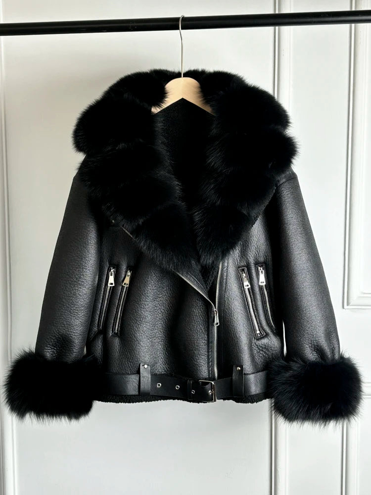 Janveny 2024 Winter Fake Leather Coat Real Natural Fox Fur Collar Cuff Women Thick Warm Large Lapel Fur Lining Leather Jacket