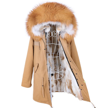 Maomaokong 2022 Giacca invernale da donna Parka lungo Impermeabile Grande pelliccia di volpe naturale vera Collo di pelliccia di procione Cappuccio Fodera in caldo coniglio
