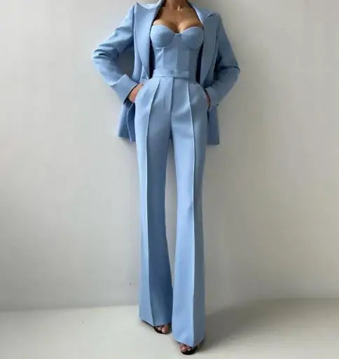 Completo da donna 3 pezzi 2025 autunno nuovo temperamento pendolarismo top corto con spalline sottili e pantaloni a vita alta con blazer a maniche lunghe