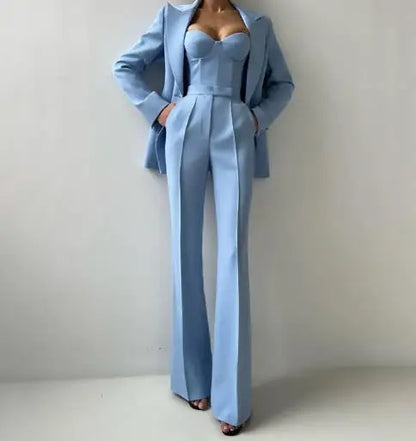 Completo da donna 3 pezzi 2025 autunno nuovo temperamento pendolarismo top corto con spalline sottili e pantaloni a vita alta con blazer a maniche lunghe