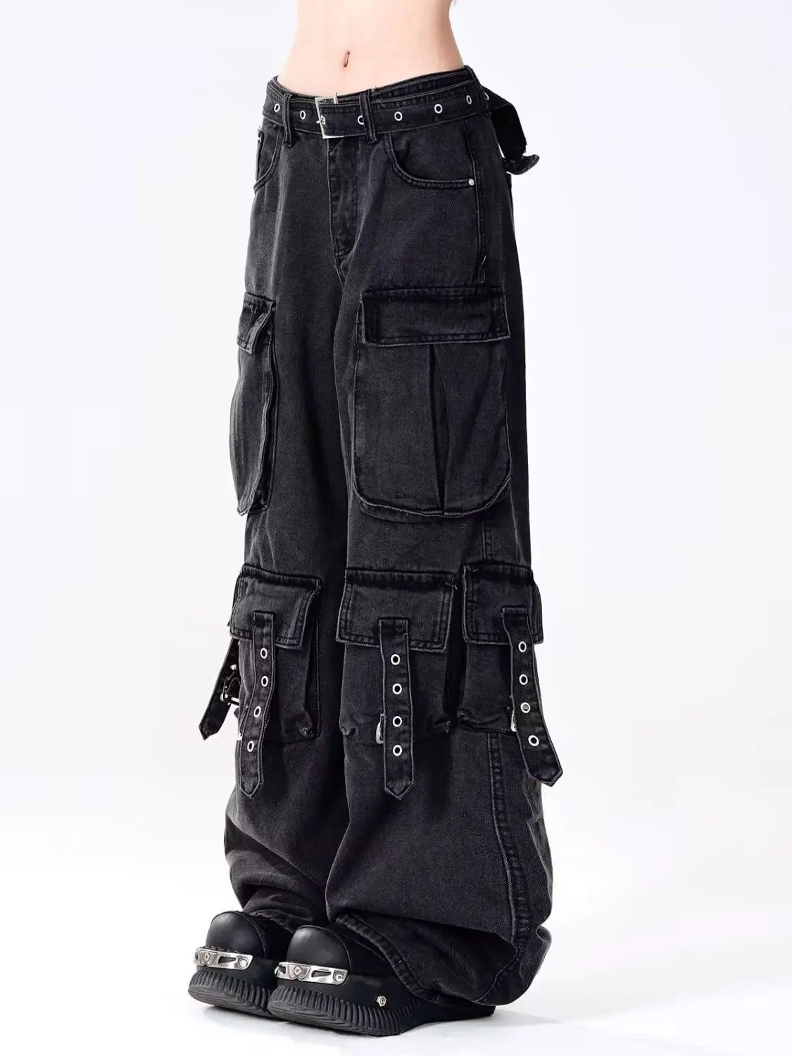 Women Y2k American Retro Mutil Pockets Cargo Jeans American Vintage Gyaru 2000s Aesthetic Grunge Jeans Straight Denim Pants