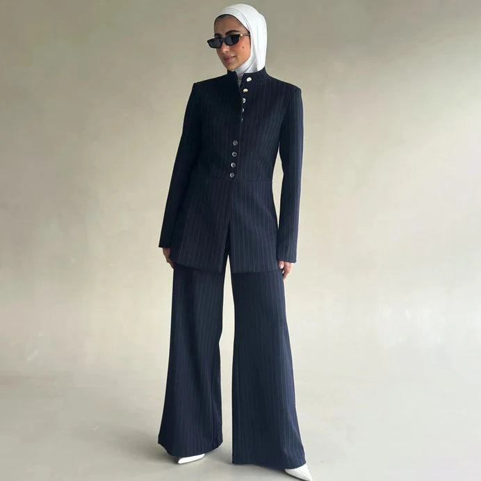 VTKW 2026 New Arrival Women Navy Blue Pinstripe Mandarin Collar Single Breasted Blazer Pockets Wide Leg Pants Set Office Casual
