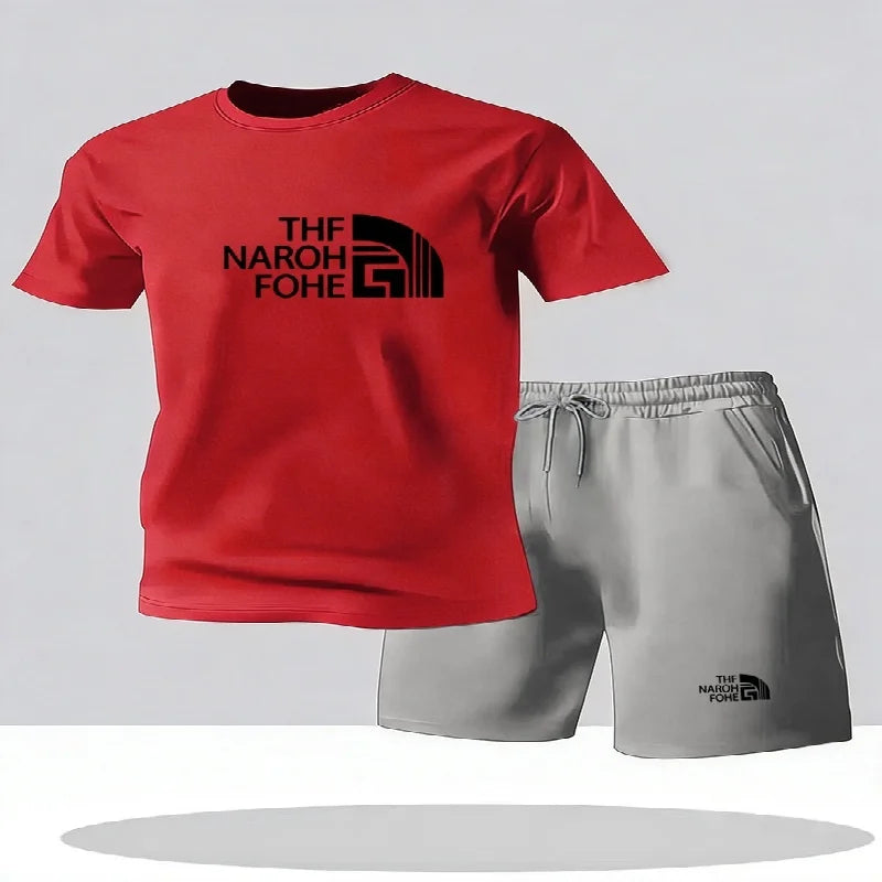 Completo estivo casual alla moda composto da t-shirt a maniche corte e pantaloncini, girocollo da uomo, completo sportivo traspirante a due pezzi a maniche corte