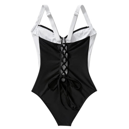 Costume da bagno intero modellante nero con effetto contenitivo per donna, stile boho, bikini, taglie forti, push-up, tinta unita.