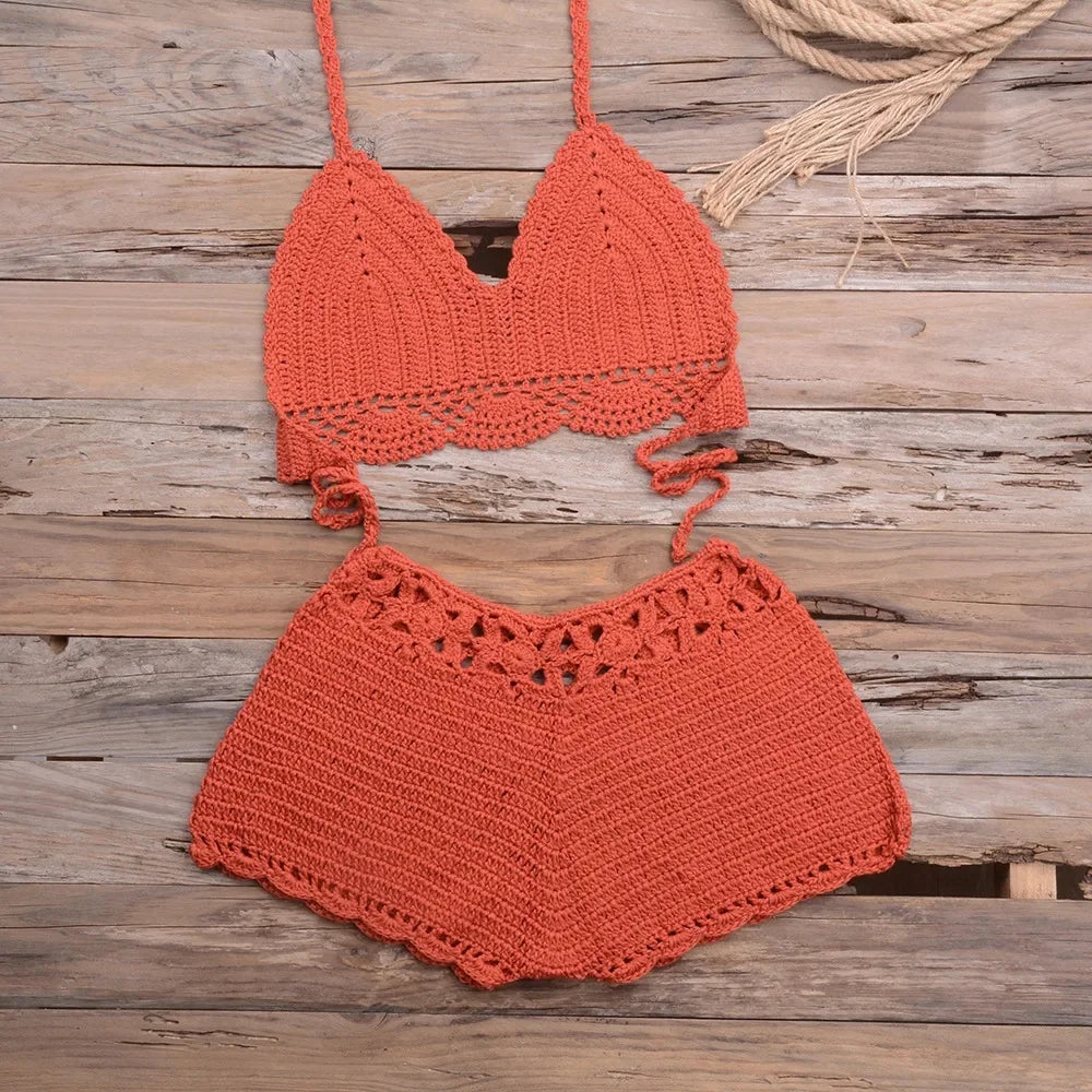 Costume da bagno bikini traforato lavorato a mano, ideale per vacanze al mare, spiaggia, sabbia, due pezzi da donna, con bordo in pizzo e design a gancio, per attività all'aperto e sport.