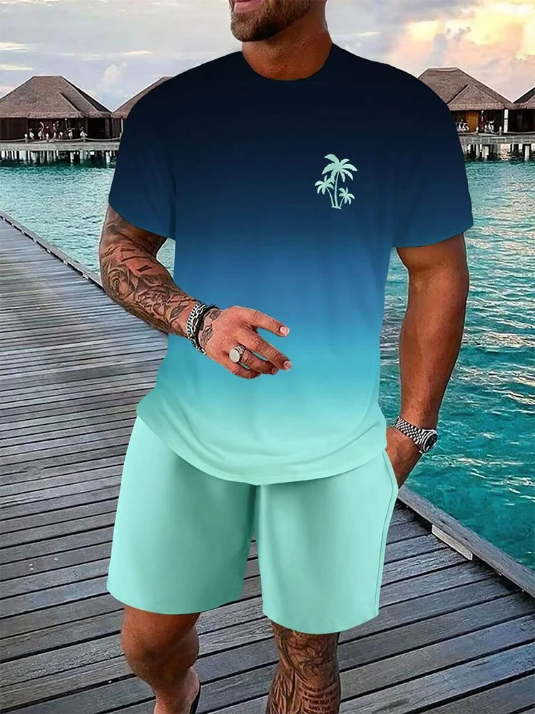 Completo estivo casual da uomo composto da 2 pezzi: pantaloncini a maniche corte con stampa hawaiana, t-shirt da uomo e pantaloncini da spiaggia per sport all'aria aperta.