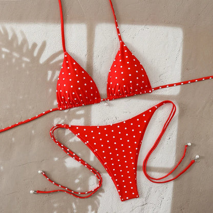 Set di micro bikini sexy con stampa a pois e perle, costume da bagno 2026, abbigliamento da spiaggia per donna, bikini estivo da spiaggia, costume da bagno a due pezzi