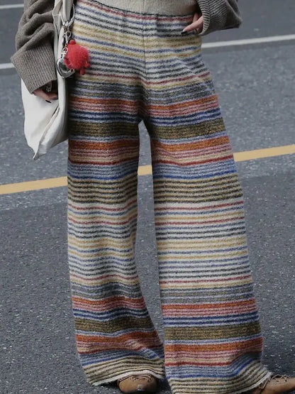 Pantaloni lunghi da donna a righe retrò con cuciture a contrasto, perfetti per l'autunno e l'inverno, nuovi pantaloni casual in lana dalla vestibilità ampia.