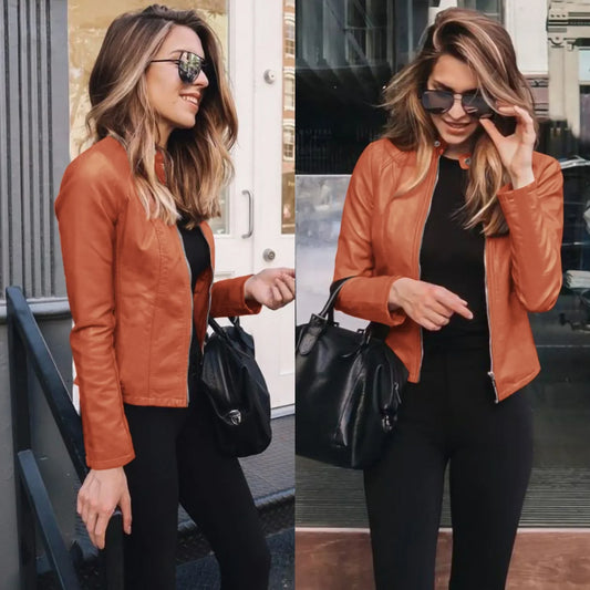 Autumn and Winter Women's Large Size Leather Jacket Fashionable Solid Color Slim Street Elegant Versatile Top PU Suit Jacket