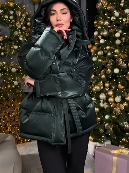 Women's Shiny Quilted Jacket With Detachable Hood Fashion Long Sleeve Zipper Belted Waist Coat Lady 2026 Warm Winter Outerwear