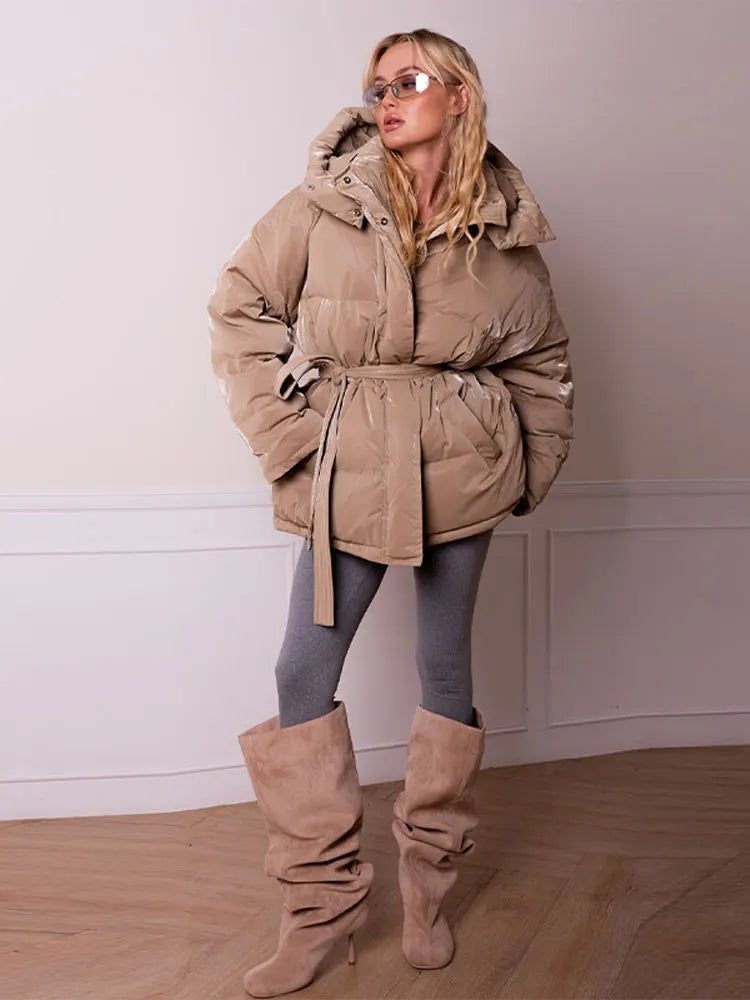 Women's Shiny Quilted Jacket With Detachable Hood Fashion Long Sleeve Zipper Belted Waist Coat Lady 2026 Warm Winter Outerwear