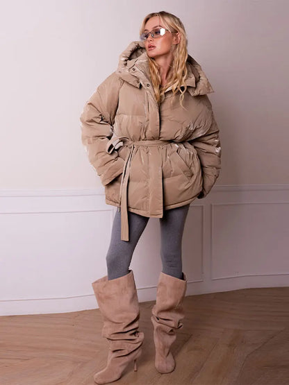 Women's Shiny Quilted Jacket With Detachable Hood Fashion Long Sleeve Zipper Belted Waist Coat Lady 2026 Warm Winter Outerwear