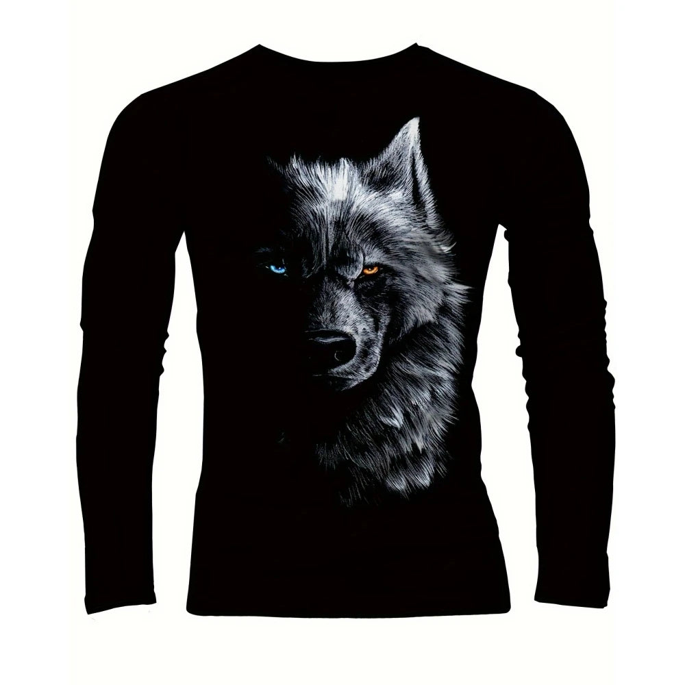 T-shirt da uomo vintage con stampa, maniche lunghe, stampa 3D tigre, girocollo ampio, abbigliamento uomo con animali, t-shirt oversize autunnale da uomo