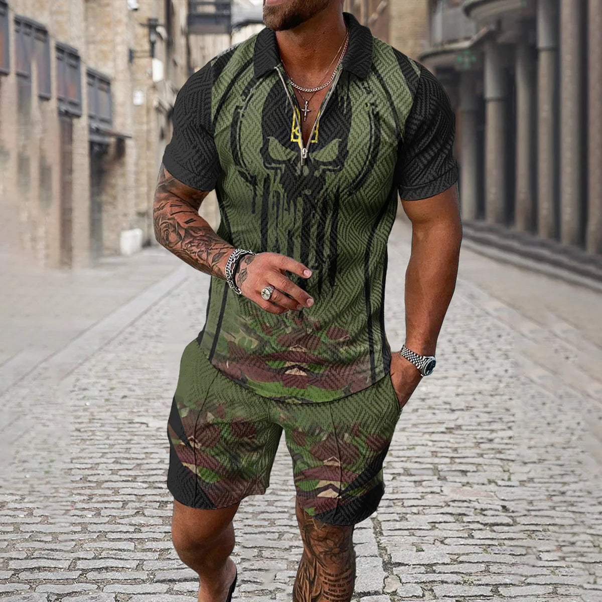 Completo estivo da uomo con stampa 3D, composto da polo con cerniera e pantaloncini, 2 pezzi, stile boho geometrico, abbigliamento per le vacanze.
