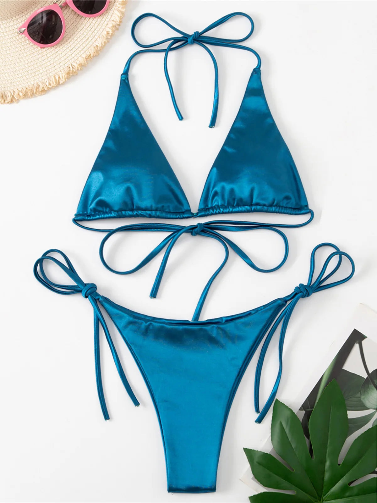 Bikini brasiliano sexy in raso con allacciatura al collo, disponibile in 13 colori, per donna. Costume da bagno a due pezzi. Set bikini da bagno K4966