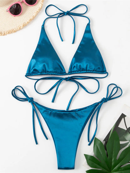 Bikini brasiliano sexy in raso con allacciatura al collo, disponibile in 13 colori, per donna. Costume da bagno a due pezzi. Set bikini da bagno K4966
