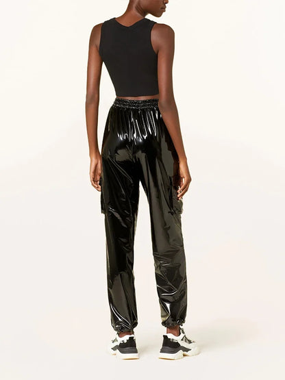 Casual High Waist Faux Latex Cargo Pants Women Shiny Patent Leather Drawstring Elastic Waistband Bloomers PU Sweatpants Custom