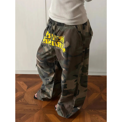 Pantaloni larghi mimetici da donna marroni, pantaloni oversize stile paracadute, stile Harajuku giapponese anni 2000, pantaloni vintage Y2k, abbigliamento autunnale