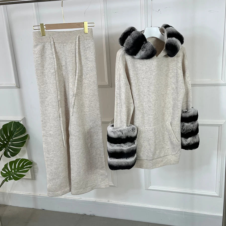 Maglione in cashmere da donna con polsini in vera pelliccia di coniglio, abito invernale caldo in lana, maglione di lusso in pelliccia di coniglio naturale