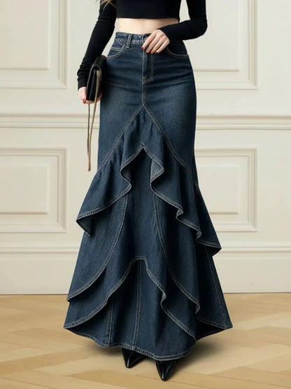 Gonna lunga da donna Missuoo in denim blu scuro a più strati con volant, stile retrò casual, moda primavera 2026, gonna a coda di pesce