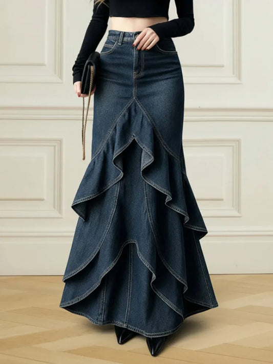 Gonna lunga da donna Missuoo in denim blu scuro a più strati con volant, stile retrò casual, moda primavera 2026, gonna a coda di pesce