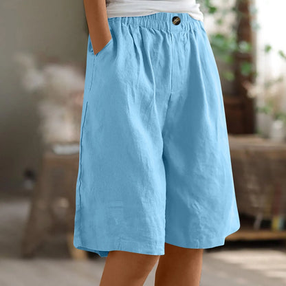 Female Fashion Solid Color Elastic High Waist Pocket Button Up Loose Cotton Linen Five Length Shorts Summer Soft Comfort Pants
