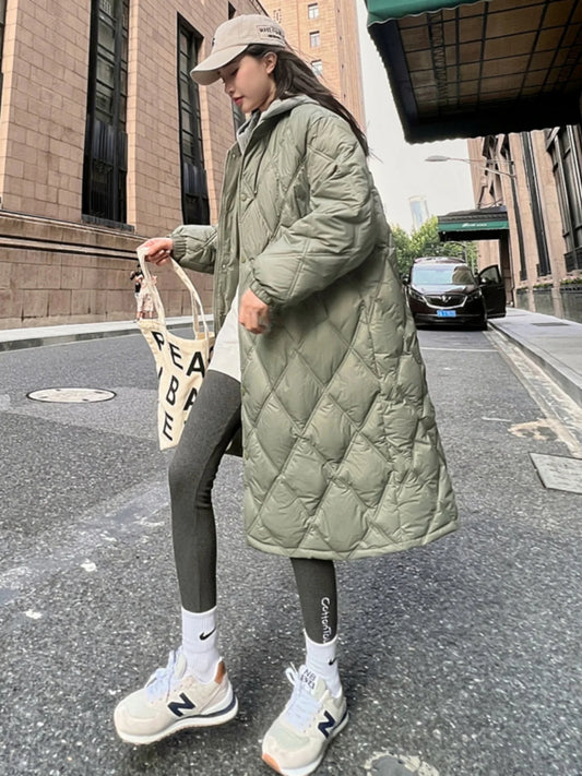 Women's Mid-Length Lightweight down Cotton Jaet Diamond id Knitted Coat Knee-High Winter Faion Korean Sle Loose Fit