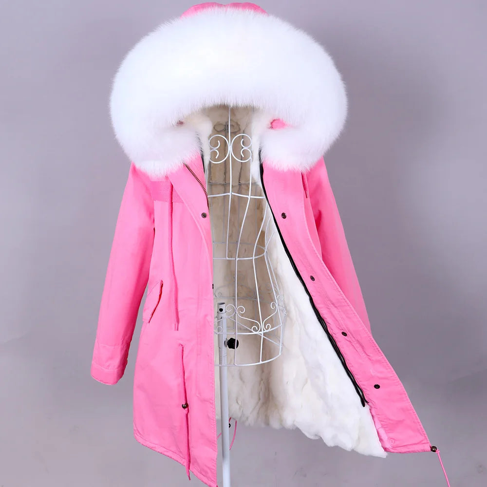Maomaokong 2022 Giacca invernale da donna Parka lungo Impermeabile Grande pelliccia di volpe naturale vera Collo di pelliccia di procione Cappuccio Fodera in caldo coniglio