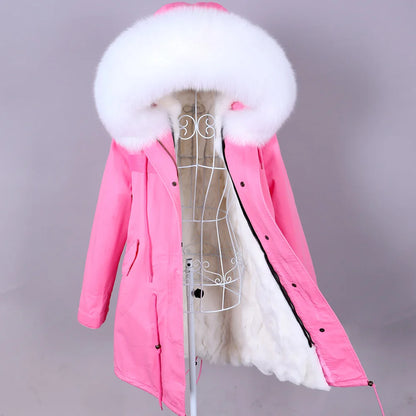 Maomaokong 2022 Giacca invernale da donna Parka lungo Impermeabile Grande pelliccia di volpe naturale vera Collo di pelliccia di procione Cappuccio Fodera in caldo coniglio