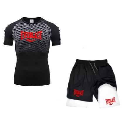 EVERLAST Maglietta a compressione da uomo + pantaloncini sportivi 2 in 1 Set 2 pezzi Tempo libero Traspirante Manica corta Sport Jogging Palestra Abbigliamento di marca Stampa