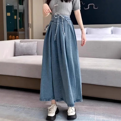 Plus Size Denim Pleated High Waist Midi Skirt Women's Design Sense Half Body Skirt Hip Conceal Slim a Line Skirt