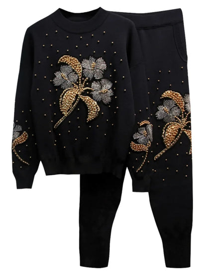 DEAT Completo da donna in due pezzi con perline, maglia a fiori, elastico in vita, pantaloni lunghi, nuova moda primavera estate 2025, completo 11B795