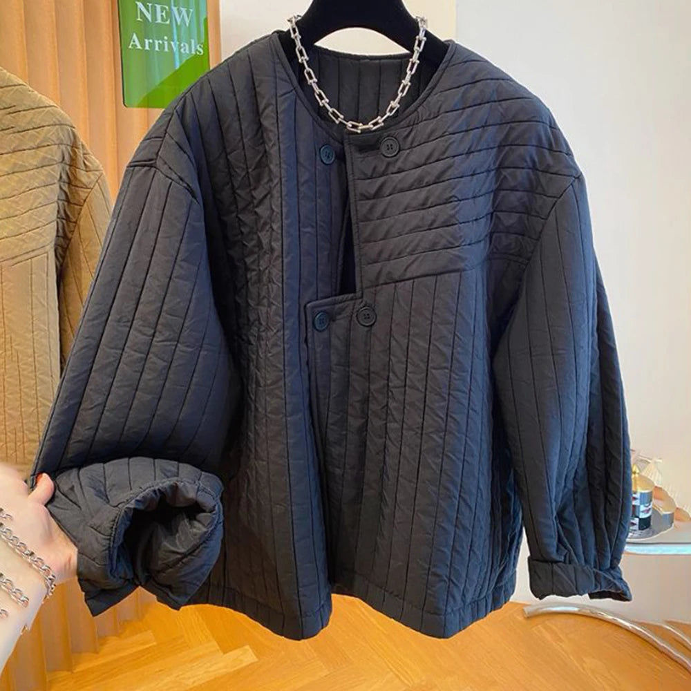 Crew neck light cotton clothes women's autumn and winter 2025 new casual irregular placket padded jacket top