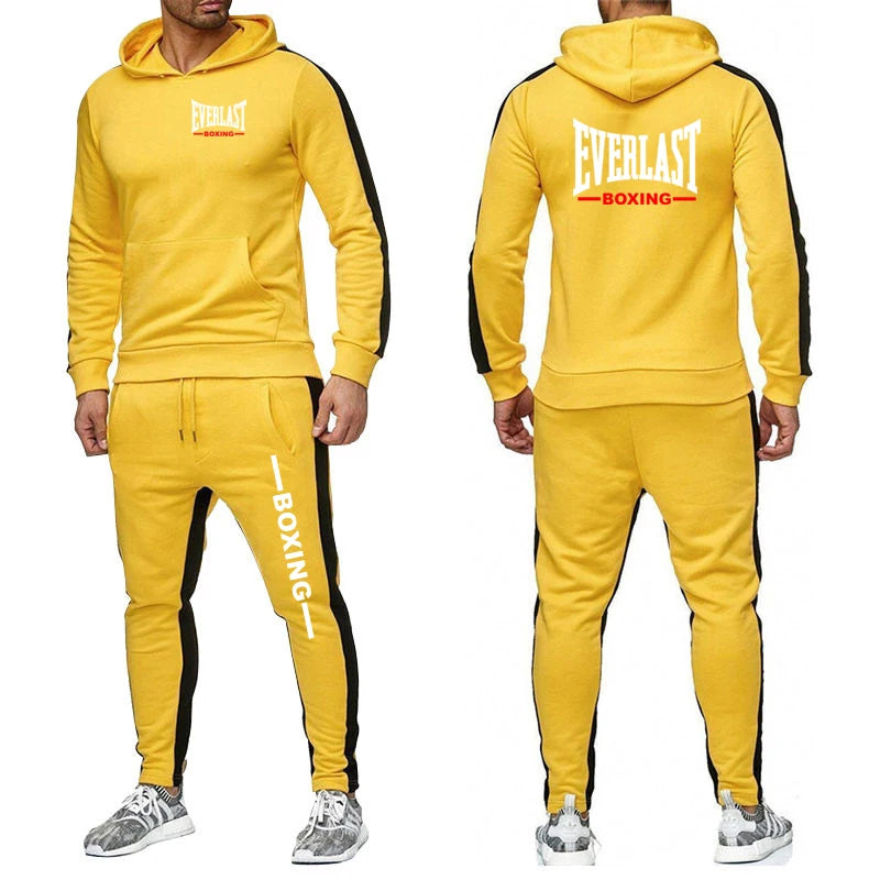 Completo sportivo casual da uomo Everlast 2025, tinta unita, due pezzi, ideale per attività all'aperto: pantaloni della tuta e felpa con cappuccio. Moda e comfort.