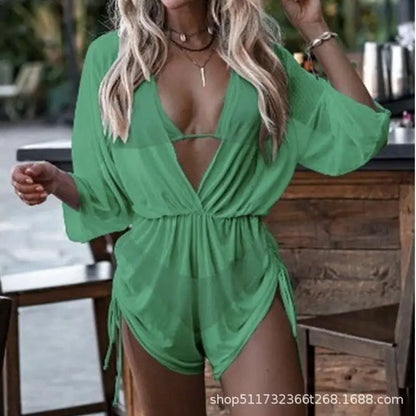 Conservative Leaf Print Bikini Three Piece Set Waist Cinching String Sports Style Beach Swimsuit High Elasticity Polyester