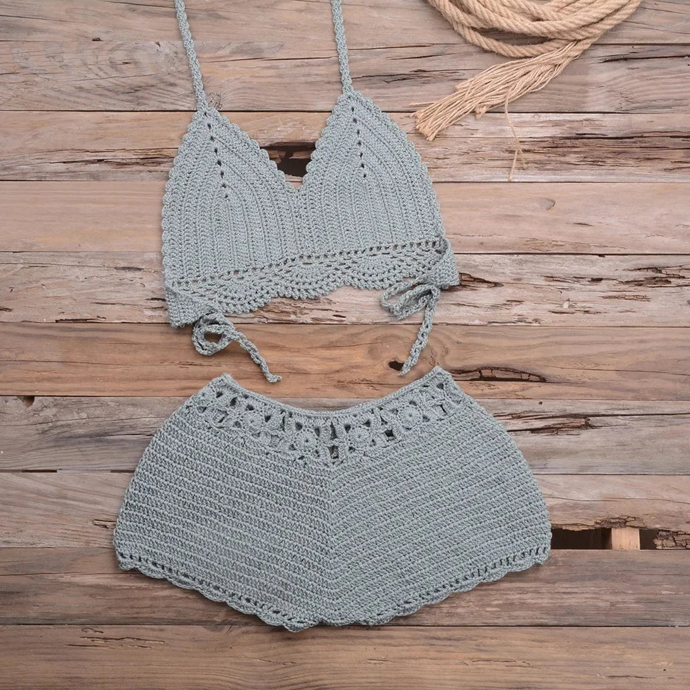 Costume da bagno bikini traforato lavorato a mano, ideale per vacanze al mare, spiaggia, sabbia, due pezzi da donna, con bordo in pizzo e design a gancio, per attività all'aperto e sport.