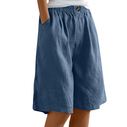 Female Fashion Solid Color Elastic High Waist Pocket Button Up Loose Cotton Linen Five Length Shorts Summer Soft Comfort Pants