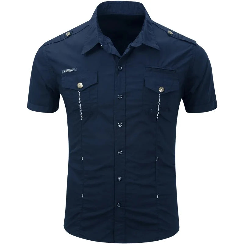 Camicia tattica militare estiva da uomo casual 100% cotone 2025, a maniche corte, tinta unita, con tasca