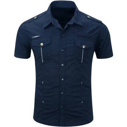 Camicia tattica militare estiva da uomo casual 100% cotone 2025, a maniche corte, tinta unita, con tasca