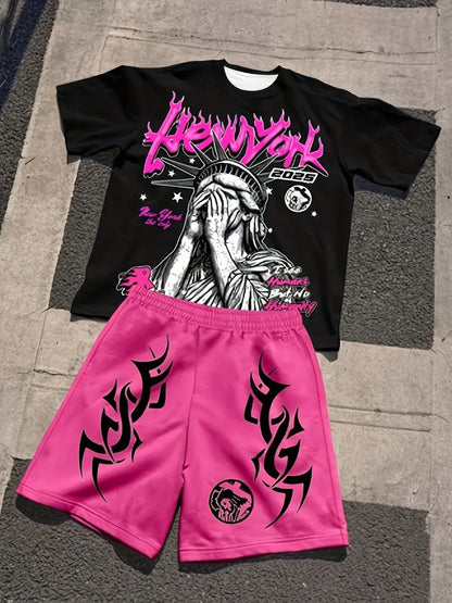 Nuovo set da uomo di tendenza con stampa della Statua della Libertà, composto da t-shirt girocollo traspirante e pantaloncini, comodo per le attività all'aperto.