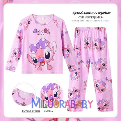 Pigiama per bambini dai 2 ai 14 anni, completo a maniche lunghe per primavera e autunno, set pigiama per bambini con motivo a cartoni animati Stitch, abbigliamento da casa comodo e casual per ragazzi e ragazze.
